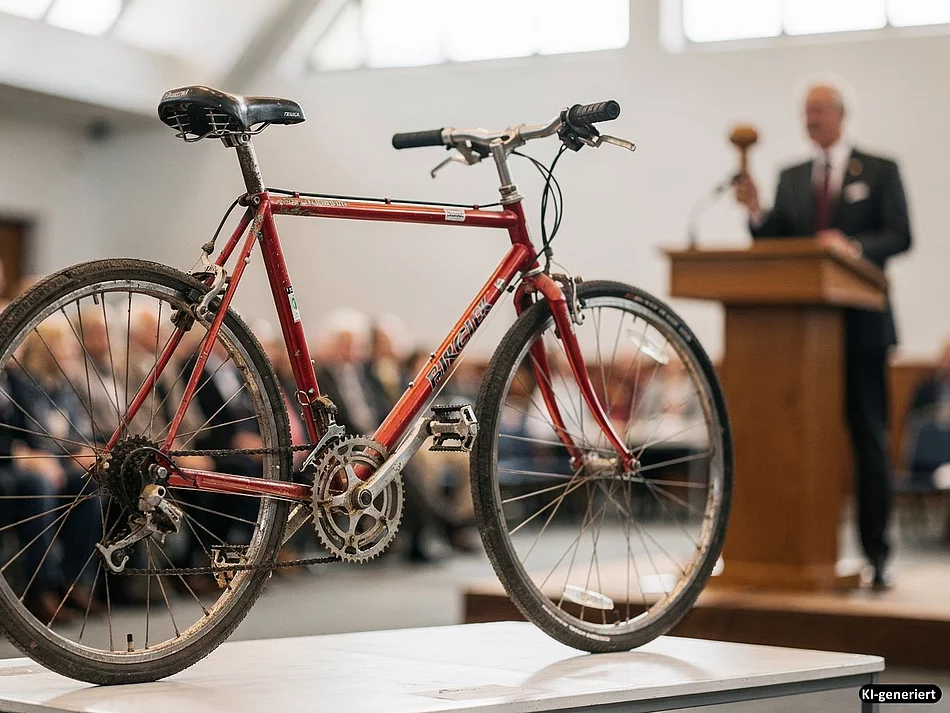 Ein gebrauchtes Fahrrad steht auf einem Tisch. Im Hintergrund ist verschwommen ein Mann zu sehen der einen Hammer in der Hand hält.