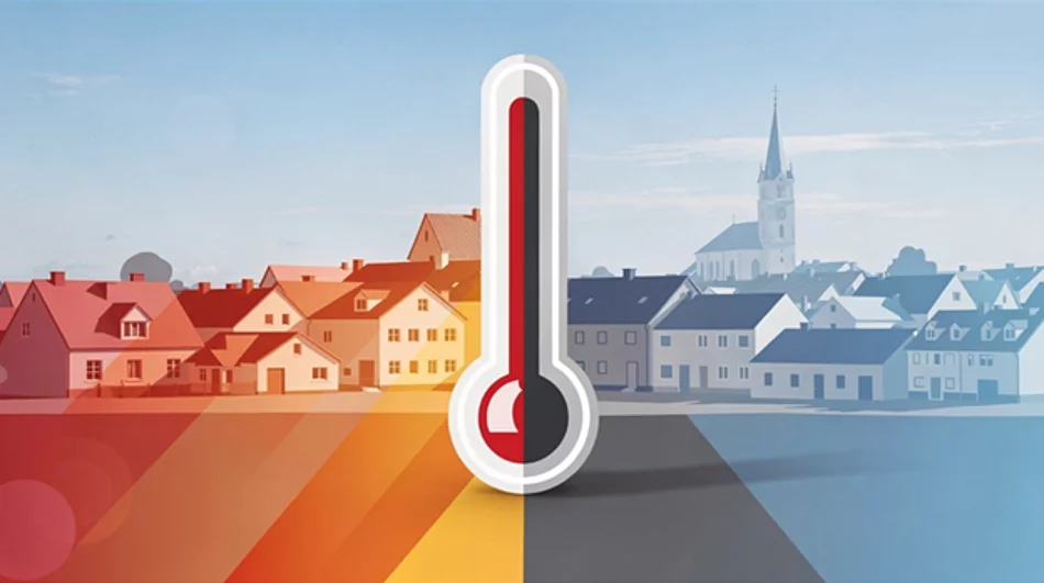 Kommunale Wärme- und Kälteplanung in Henstedt-Ulzburg Eine Illustration zeigt im Hintergrund die Skyline einer Gemeinde. Die rechte Hälfte ist blau, die linke Hälfte orange schraffiert. Geteilt wird das Bild durch ein Thermometer.