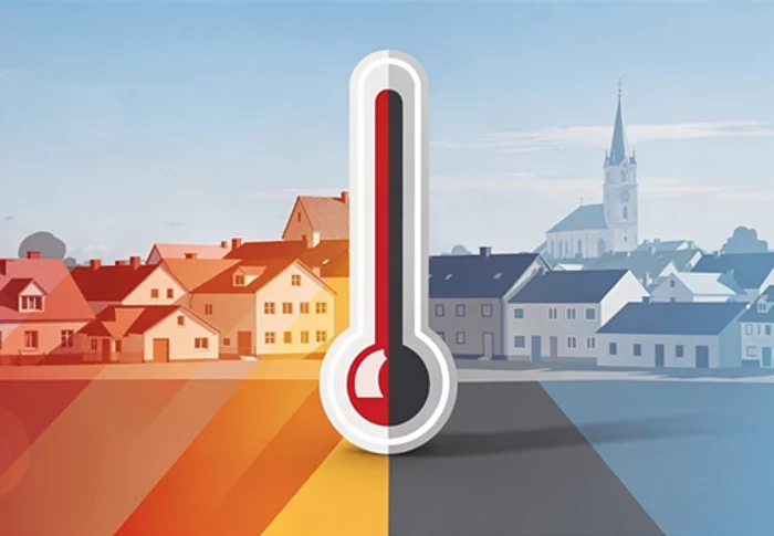 Eine Illustration zeigt im Hintergrund die Skyline einer Gemeinde. Die rechte Hälfte ist blau, die linke Hälfte orange schraffiert. Geteilt wird das Bild durch ein Thermometer.