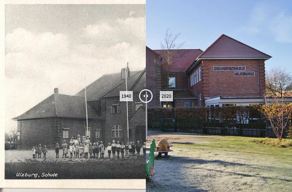 Das Bild zeigt, auf der Linken Seite wie die Grundschule Henstedt-Ulzburg im Jahr 1940 aussah. Auf der rechten Seite zeigt eine Aufnahme von 2020.