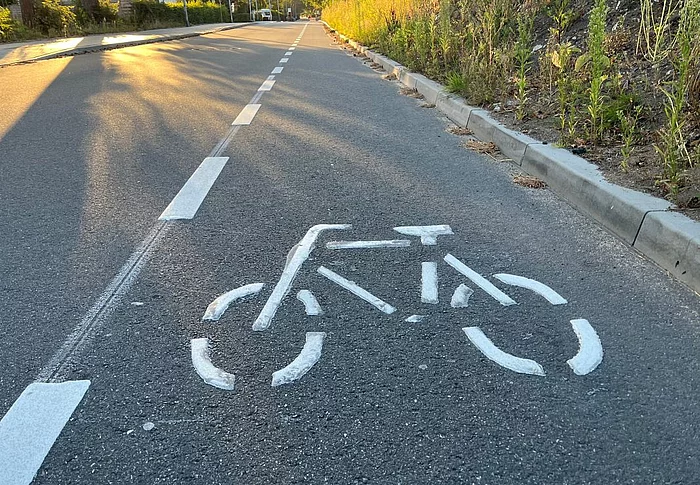 Foto des Radweges mit einem Fahrradpiktogramm.