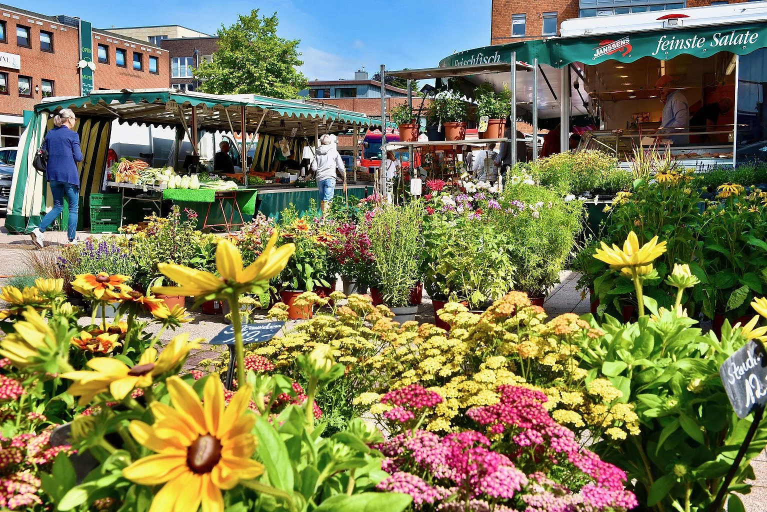 Blick auf den Wochenmarkt Ulzburg mit Blumen im Vordergrund