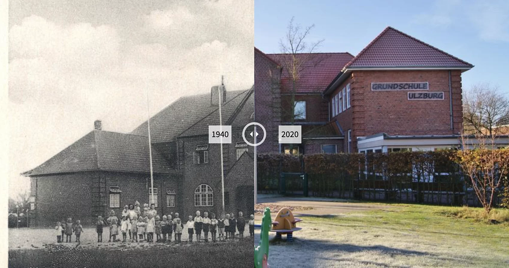 Das Bild zeigt, auf der Linken Seite wie die Grundschule Henstedt-Ulzburg im Jahr 1940 aussah. Auf der rechten Seite zeigt eine Aufnahme von 2020.