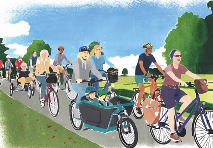 Ein gemaltes Bild von einer bunten Gruppe von Radfahrern