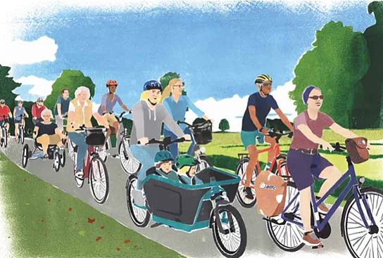 Ein gemaltes Bild von einer bunten Gruppe von Radfahrern
